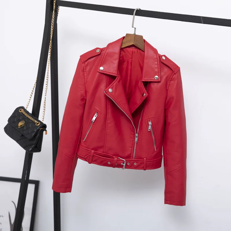 Весенняя женская куртка из искусственной кожи с поясом, пальто, классический воротник, короткая Пряжка, искусственная кожа, мотоциклетная куртка красного/зеленого цвета, пальто для женщин - Цвет: Chinese Red