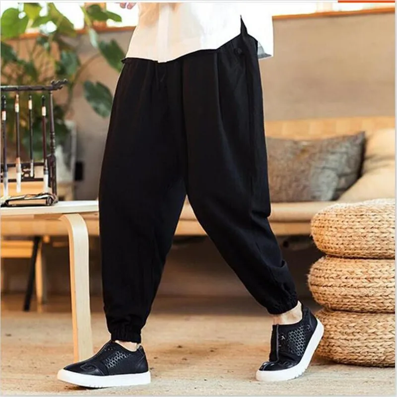 Chinese Style Foot Straps Pants Fashion Men Vintage Solid Wide Leg Trousers Plus Size Drawstring Waist Male Pants M-7XL