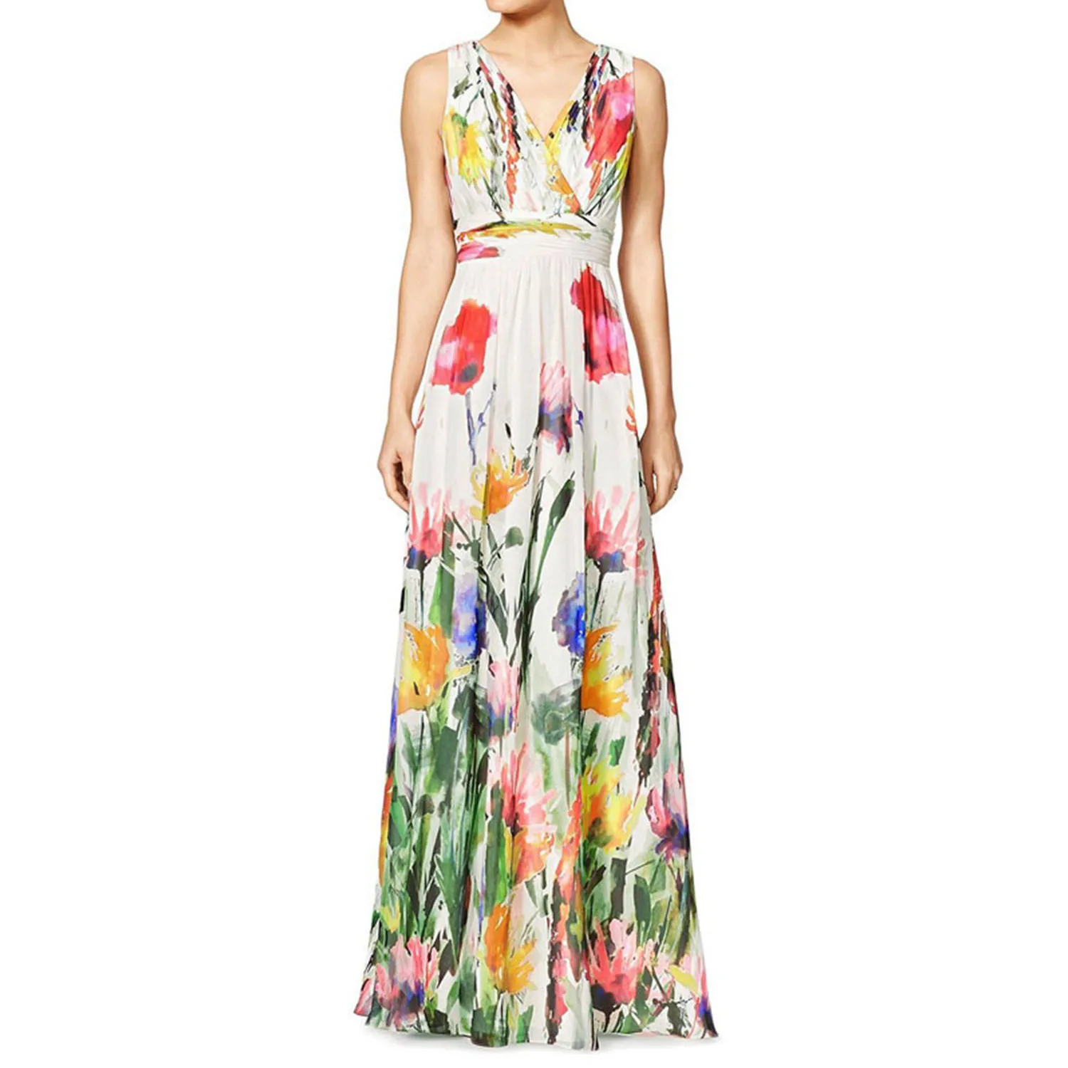 Woman Sleeveless Crossover V Neck Floral Print Empire Waist font b Maxi b font font b