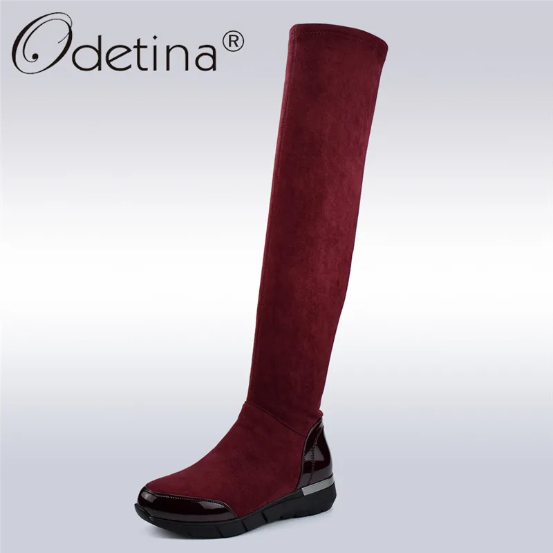 

Odetina New Fashion Women Thigh High Boots Flat Platform Sneaker Boots Elastic Slim Over The Knee Winter Thick Plush Warm Shoes