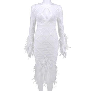 

Beautiful white Feather bandage dress sexy Mesh long sleeve bodycon dresses new style fashion 2018 have short pants