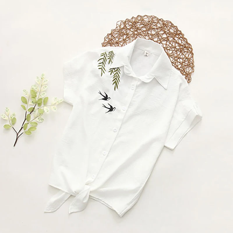 Freshness embroidery short Sleeve Women Blouses And Shirts White cat Female Ladies Casual Shirt Tops Plus Size Blusas Blouse