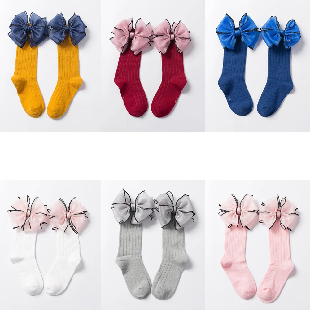 Носки для маленьких девочек, Гольфы с бантиками, носки принцессы, милые длинные носки без пятки, носки в полоску