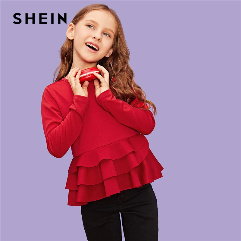 SHEIN/красные однотонные повседневные блузки с оборками для девочек; Детские рубашки; коллекция года; сезон весна; модные элегантные рубашки с длинными рукавами для девочек