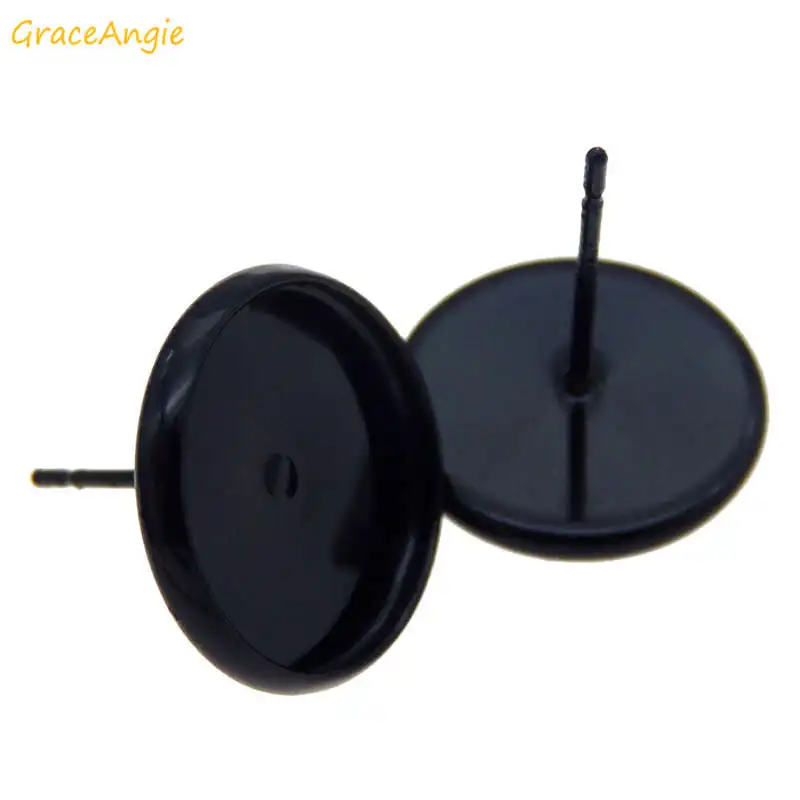 

GraceAngie 10-20pcs Round Blank Earring Post Bezel Cup Black Base Fit 12mm Cabochon Cameo Ear Stud Tray Settings DIY Accessory