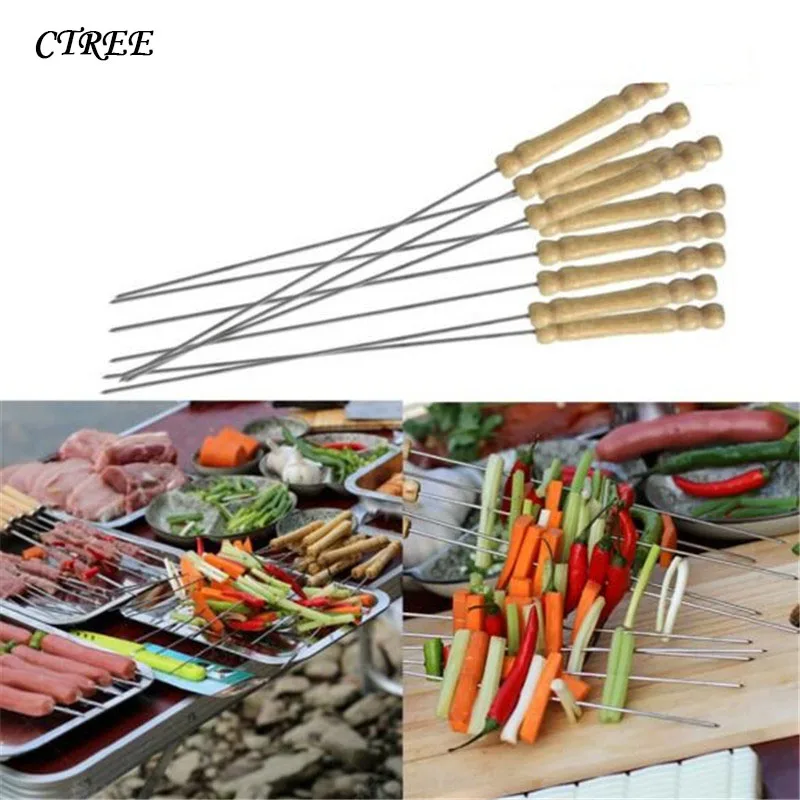 

CTREE 10Pcs/Set Brochette Wood Hard Shar Stainless Steel Needle Barbecue Skewers Non-Stick BBQ Cooking Tools Picnic Camping C335