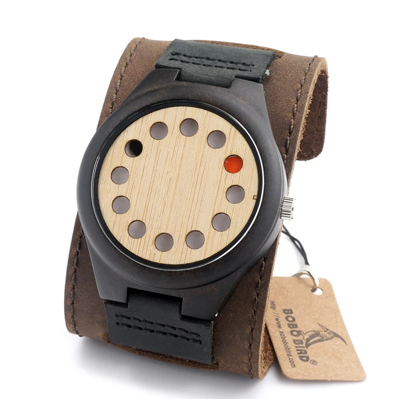 BOBO BIRD Eco-friendly Wooden Wristwatch Mens Top Luxury Brand Unique Holes Design Leather Quartz Watch with Leather Strap