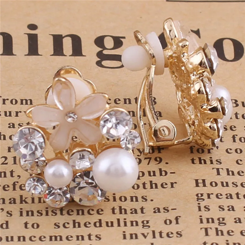 Rhinestone Opal Flower Simulated Pearl Water Drop Shape Clip on Earrings for Women ear clip earrings,clip earrings,ear clip
