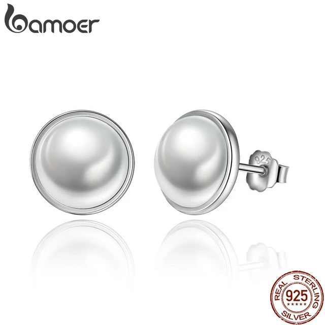 Bamoer Fashion 925 Sterling Silver Elegant Beauty Round White Pearl Bamoer Fashion 925 Sterling Silver Elegant Beauty Round White Pearl Stud Earrings Women Engagement Jewelry