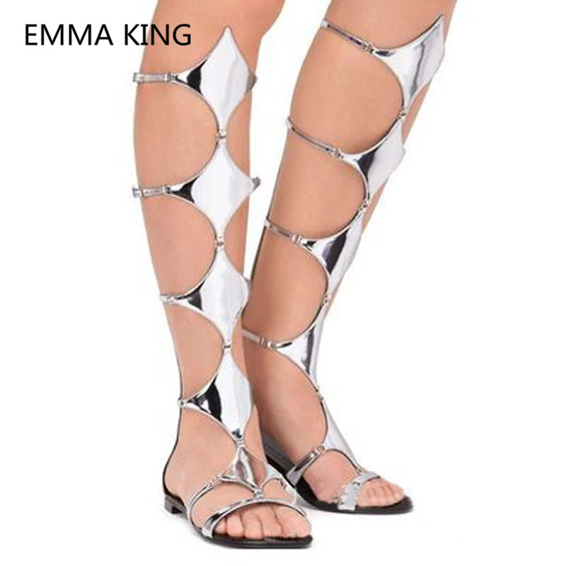 Sandalias plateadas hasta la rodilla para mujer, zapatos informales con punta abierta, zapatos de diseñador de moda, botas de gladiador de verano|Sandalias de mujer| - AliExpress