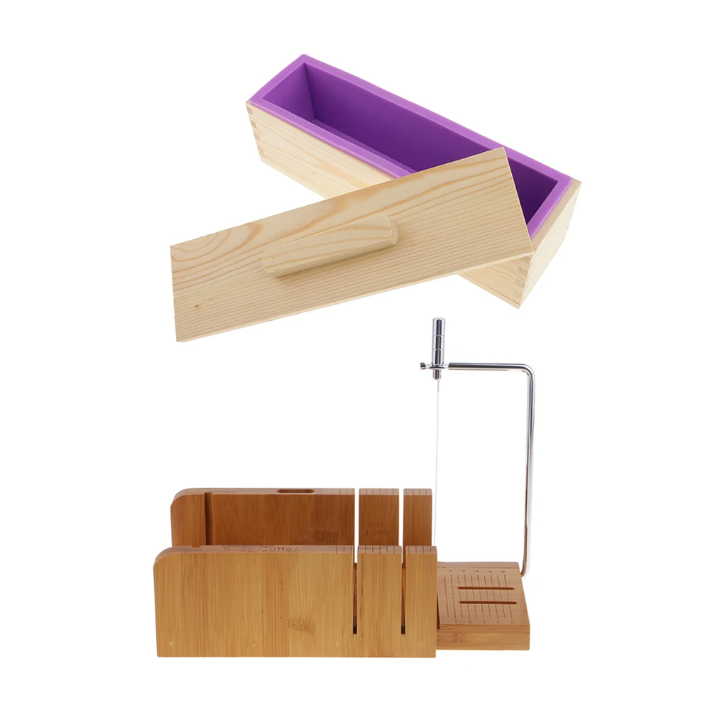 2 Pcs/set Soap Making Multifunctional Soap Cutters with Beveler Wire Slicer + 900ml Silicone Soap Loaf Mould Wood Box with Lid