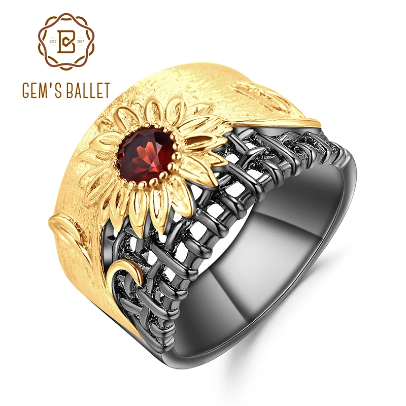 

GEM'S BALLET 925 Sterling Silver Gemstones Ring 0.36Ct Natural Garnet Handmade Yellow chrysanthemum Rings for Women Fine Jewelry