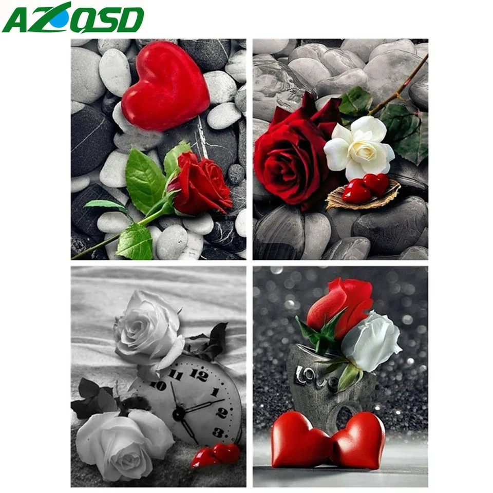 

AZQSD Diamond Painting Love Heart Picture Of Rhinestones Diamond Embroidery Rose Flowers Diamond Mosaic Full Display Home Decor