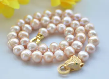 

NEW Natural breeding freshwater white pink pearl 9-10MM 18" leopard head clasp