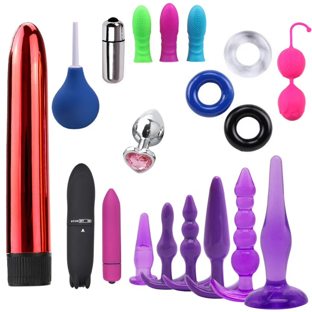 19pcs/set Women Men Vibrator Kit Lock Rings Kegel Ball Anal Plug Sex Massage Finger Massagers Anus Washer Adult Toys set #4N |