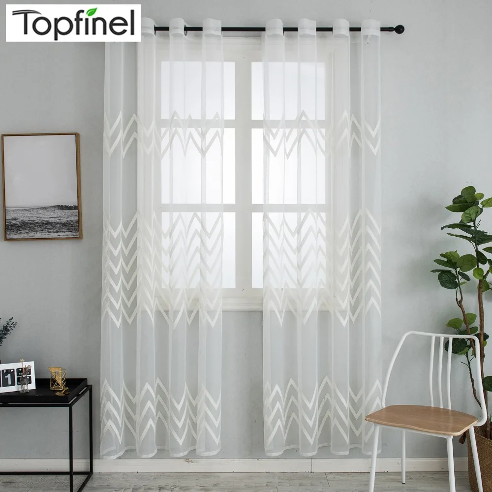 Topfinel Geometric Wave Embroidered Voile Sheer Curtains White Tulle on
