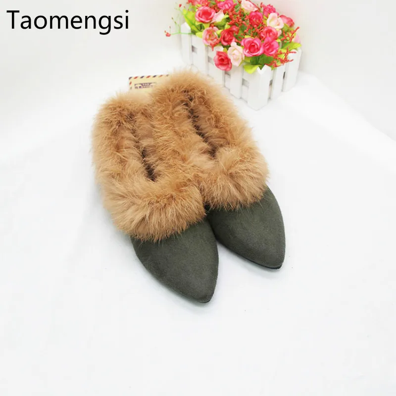 

Taomengsi 2018 Autumn and winter flat pointed rabbit fur shoes with velvet warm cotton shoes small code 31-33 large code 34-44