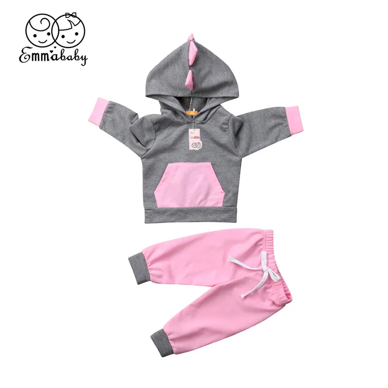 

Emmababy Baby Girls 2PCS Clothing Sets Hooded Collar Top and Lace Up Long Pants Long Sleeve Pullover Active Grey Pink Patchwork