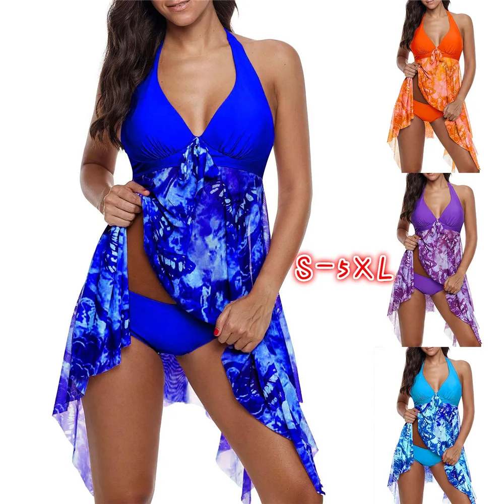 

Two Piece Bikinis Set Women's Halter Asymmetric Hem Swimdress Push Up Female Separate Swimsuit Dress Bathing Plus Size