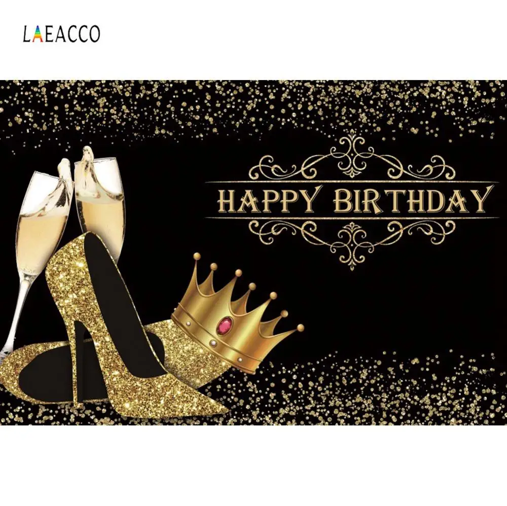 

Laeacco Gold Crown Happy Birthday High Heels Fabulous Women Party Polka Dots Banner Portrait Photo Backgrounds Photocall Shoot