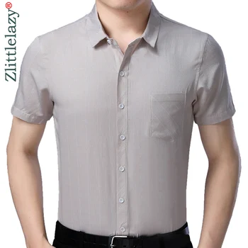 

2019 brand casual summer pocket striped short sleeve slim fit men shirt streetwear social dress shirts mens fashions jersey 2106