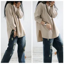 Asymsay осень г. одноцветное Цвет хлопок белье футболка нерегулярных стороны подол Разделение с v-образным вырезом и длинным рукавом льна Для женщин топы AC5574