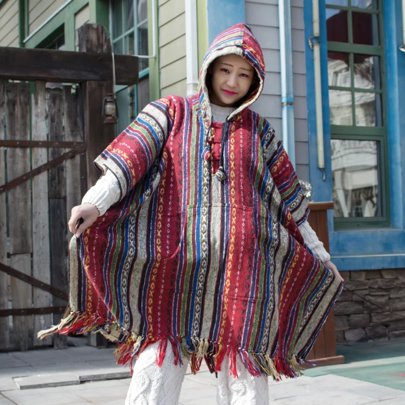 

Free Shipping 2019 New Fashion National Women Long Knee Length Loose Hooded Cloak Striped Warm Sweater With Tassels Bat Sleeved