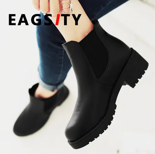 

EAGSITY Ankle boots Women Chelsea motorcycle boots block heels platform slip on round toe fashion work winter snow boots