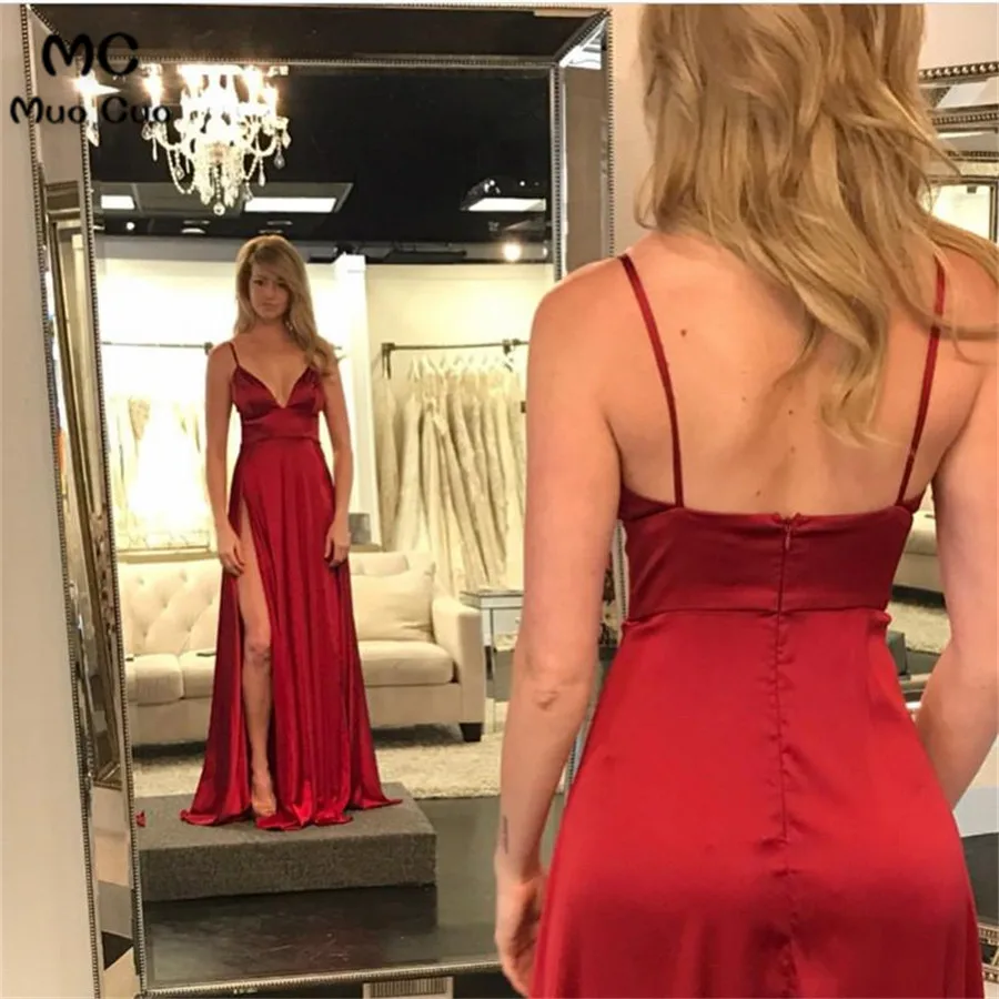 A-line V-neck Long Satin Evening Dresses Split Prom Gowns 2018566