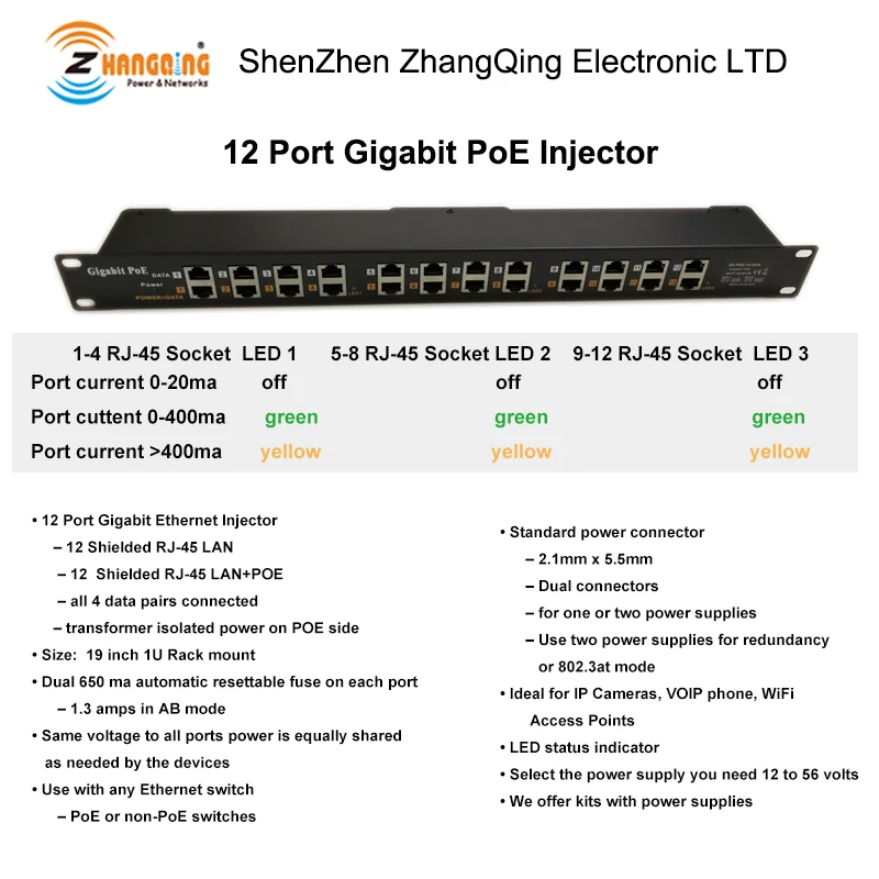 US $103 65 22% OFF|ZQ GPOE 12 24v120w Gigabit POE 12 Port Power over Ethernet Injector for Mikrotik and Ubiquiti with 24v 120w AC adapter-in CCTV