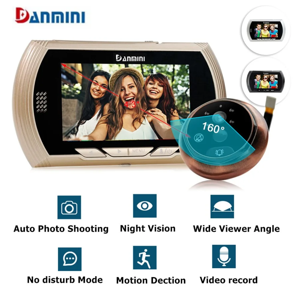 

Danmini 4.3"HD Color Screen Smart Doorbell Viewer Digital Door Peephole Viewer Camera Door Eye Video record IR Night vision