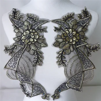 

3 Pairs Gold 33cm*14cm 3D Blossom Embroidered Beaded Lace Applique Flower Sewing Trims Wedding Decoration Dress DIY Applique