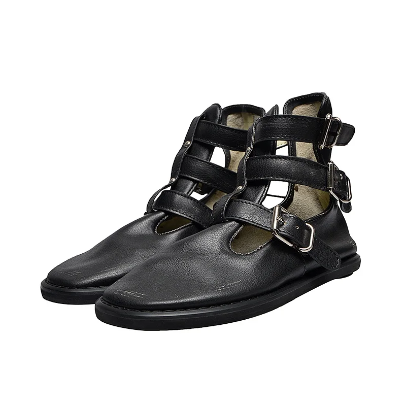 Брендовые дизайнерские женские летние ботинки; Модные ботильоны из мягкой кожи с пряжкой в стиле ретро; черные сандалии с круглым носком на плоской подошве; botas