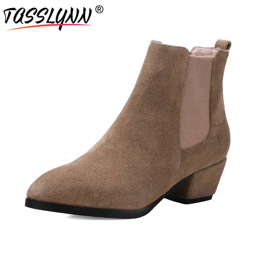 

TASSLYNN 2019 Women Boots Autumn Cow Suede Elastic Band Shoes Women Square Heels Ankle Boots Pointed Toe Women Shoes Size 34-43