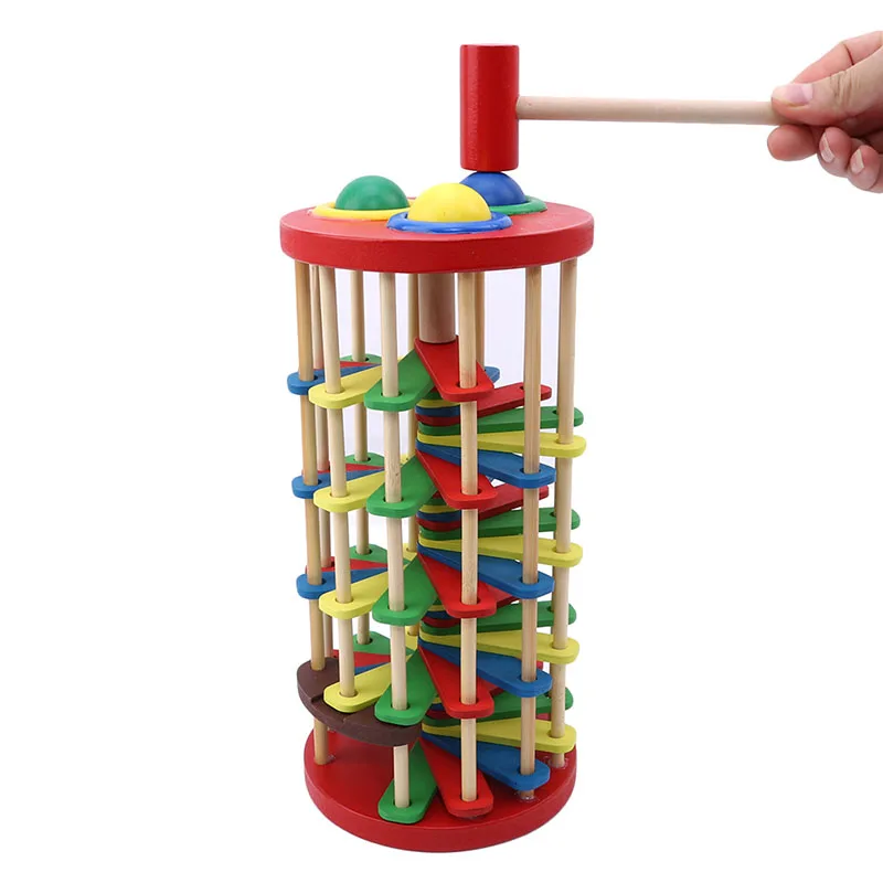 

Creative Pound And Roll Wooden Tower Rolling Off Ladder Hammer Knock The Ball Early Education Baby Toys