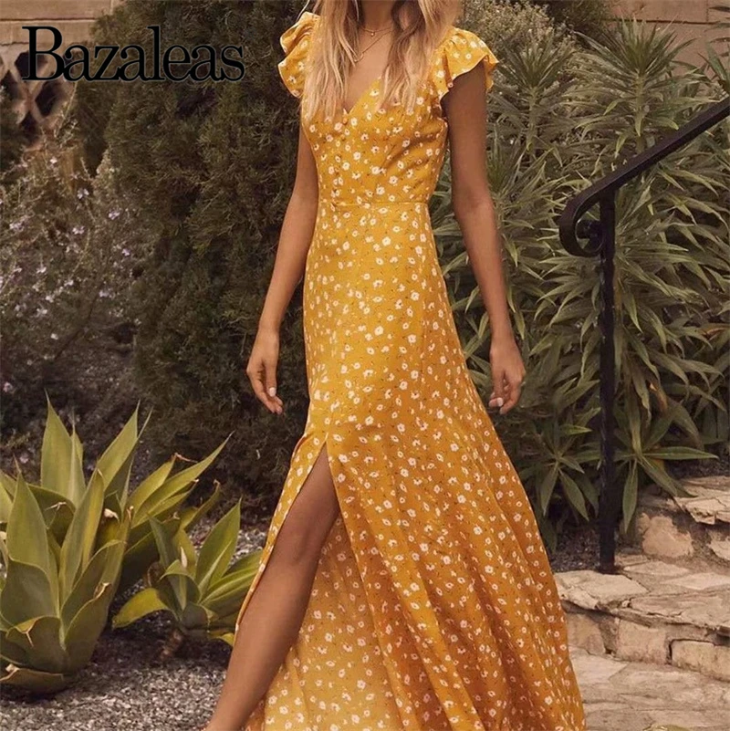 

Bazaleas Split Midi Dress Hollow Out Dresses Backless yellow Floral Print Summer Dress V Neck women vestidos