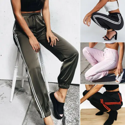 

2019 New Fashion Women Sexy Pants Striped Side Loose Drawstring Elastic High Waist Slim Pencil Casual Long Trouser