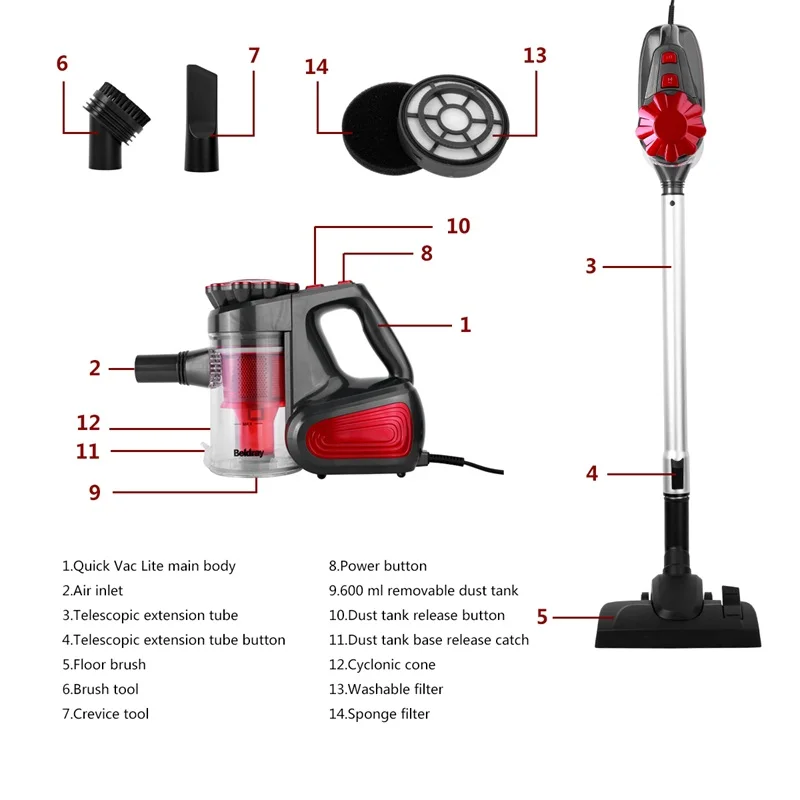 Ручной пылесос без мешка Легкий проводной красный пол уборочная машина для нескольких поверхностей XL-612