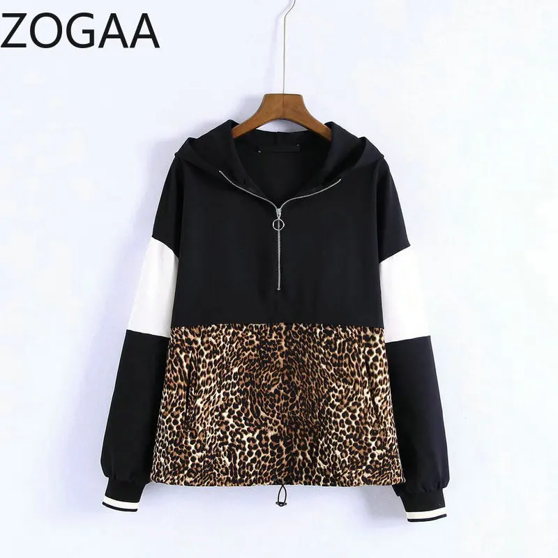 

ZOGAA Women Leopard Hooded Sweatshirts Animal Pattern Patchwork Pockets Drawstring Tie Pullovers Female Casual Chic Tops Hoodie