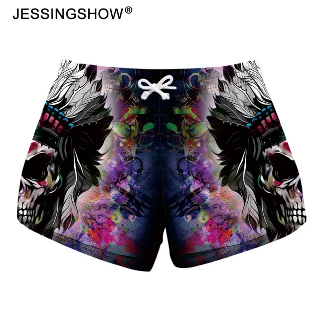 Flowers Skull Printed Women Beach Shorts Drawstring Waist Ringer Shorts 2018 Summer Sports Running Shorts