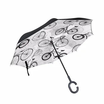 

Vintage Bicycle Pattern Reverse Umbrella Creative Customized Long Handle Double Layer Self Stand Rain Protection Umbrella