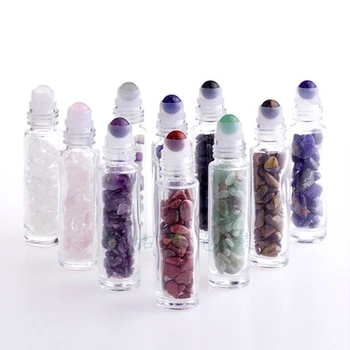 

10ml Glass Crystal Stone Essential Oils Massage Roller Bottles Empty Refillable gemstone Roll On Perfume bottle with bamboo cap