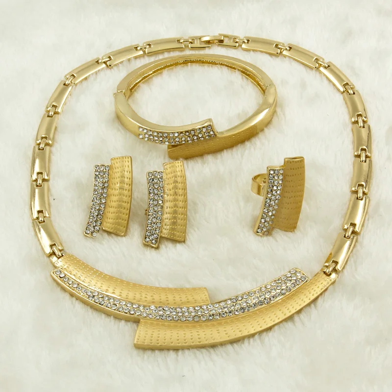 

Simple Dubai Jewellery Sets for Women Royal Golden Necklace Earrings Studs Crystal Gold Bracelet Ring Engagement