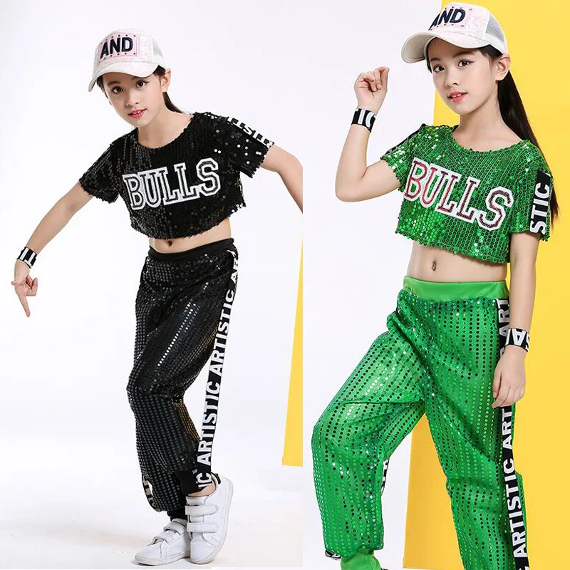 Одежда в стиле хип-хоп с блестками для девочек танцевальные костюмы, костюм штаны для мальчиков детская футболка в стиле джаз, одежда для сцены одежда для бальных танцев