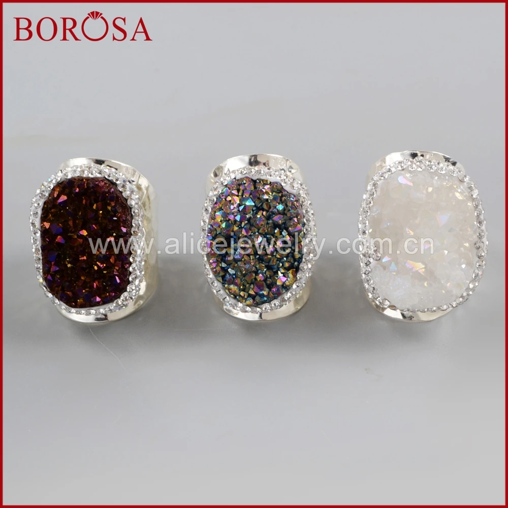 

BOROSA 5pcs Oval Natural Titanium Druzy Band Ring Drusy Jewelry Silver Color Rainbow Gems Stones Adjustable Rings JAB939