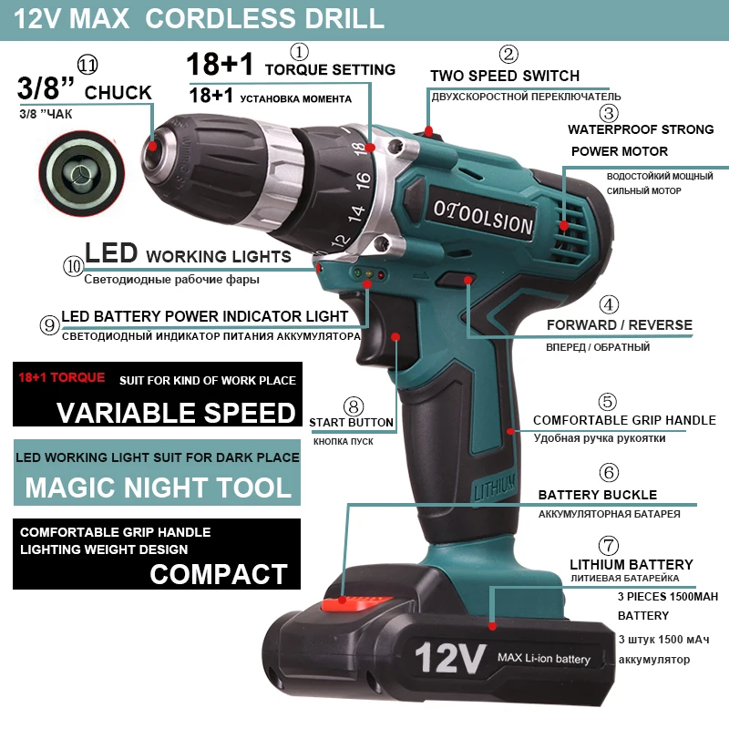 12V Plus Electric Tools Screwdrivers With 2 Batteries 1.5Ah Driver Drill  18+1 Torque Waterproof Cordless Drill + Woven Bag (2)