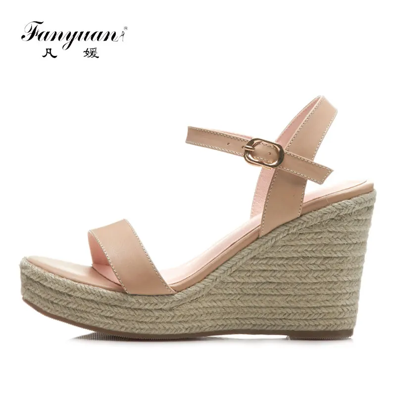 

Fanyuan Women's Wedge Sandals Leather Sandals Women Elegant Straw Sandals Woman Summer Shoes Comfortable Ladies Platform Shoes