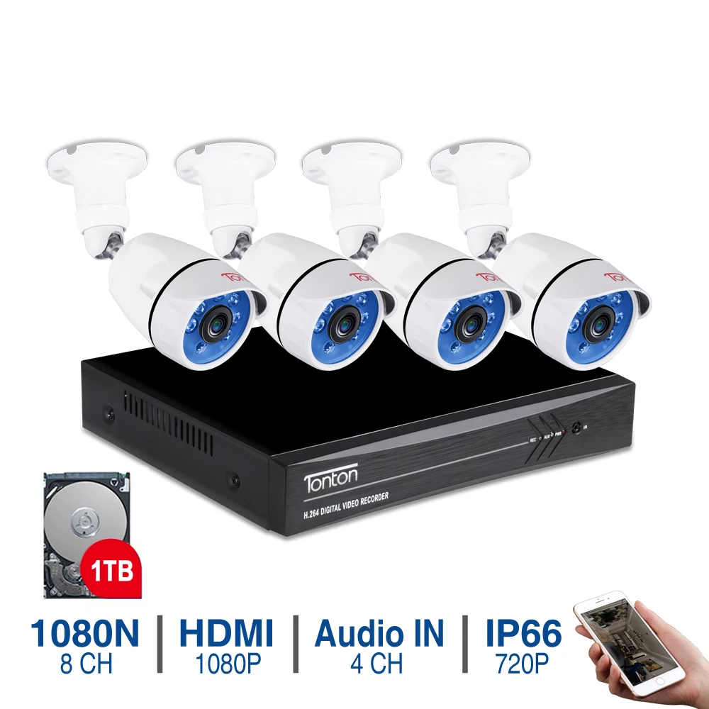 Tonton 8CH CCTV Camera System 720P 1080N AHD DVR IR Outdoor Waterproof Security Camera Video Surveillance System IR-CUT 1TB HDD