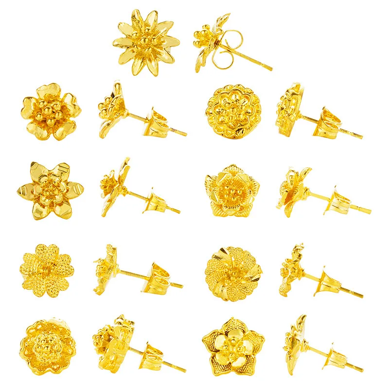 

2019 New Luxury Brand Charm Authentic Pure 24k Yellow Gold Flower Shape Stud Earrings for Women Daily Wear Gold Earring Jewelry
