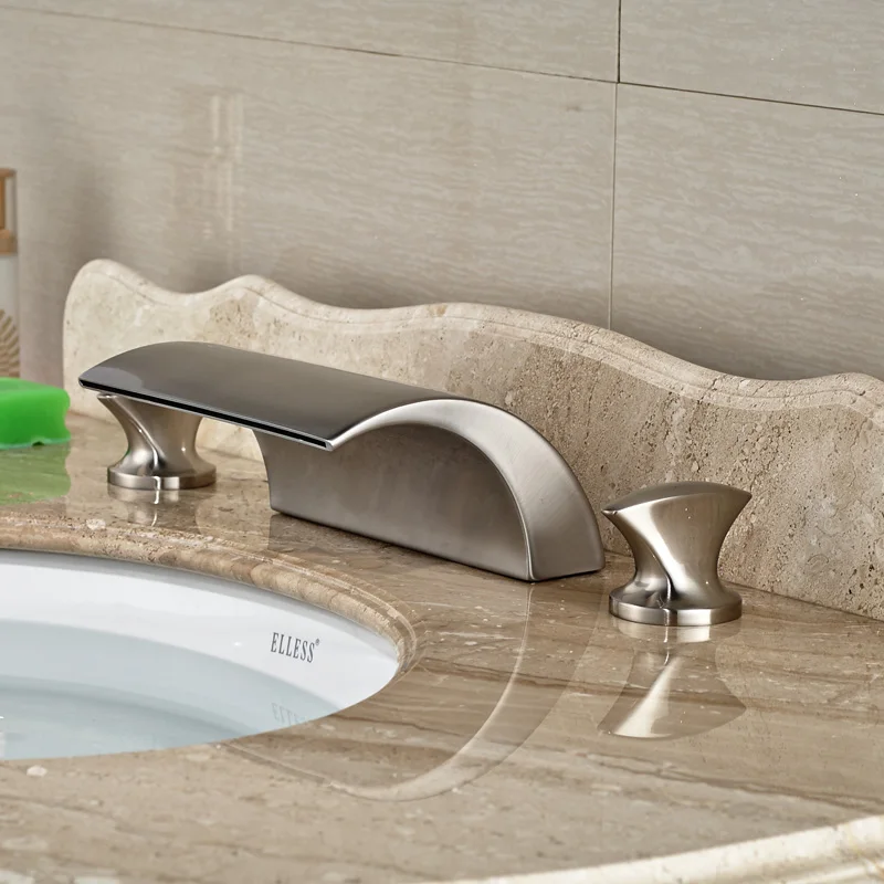 

Brushed Nickel Dual Handles Bathroom Waterfall Basin Sink Faucet Deck Mount Widespread 3 Holes